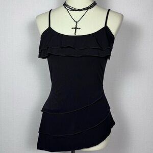 Black ruffled asymmetrical tank top